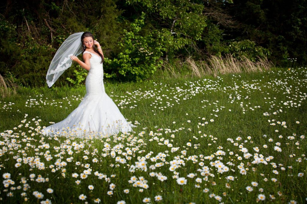 Beautiful bride in a field od daisies