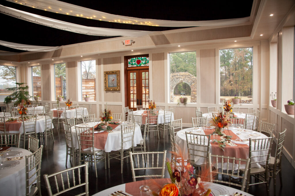 fall themed indoor wedding reception at Avalon Keep Botanical Gardens